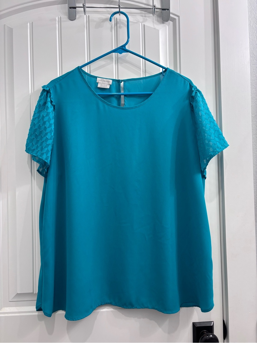 Van Heusen Teal Short-Sleeve Blouse with Textured Sleeves